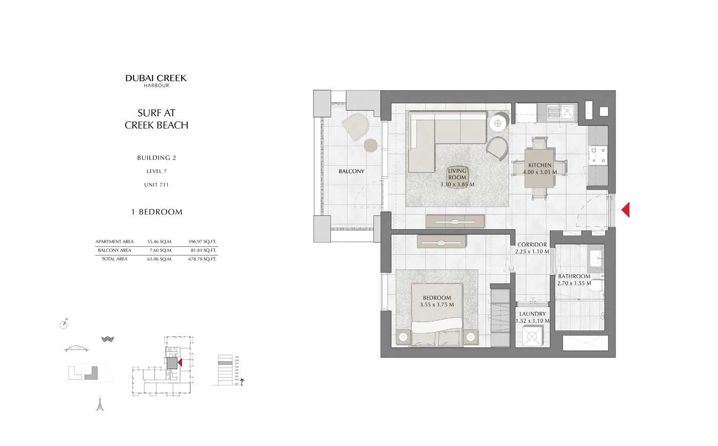 Building 2, 1 Bedroom Level 711, Size 678 Sq Ft